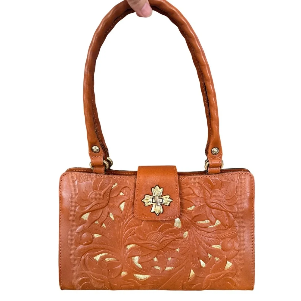 Patricia Nash Tan Tooled Leather Floral Handbag Gold Underlay Cross Turn-Lock